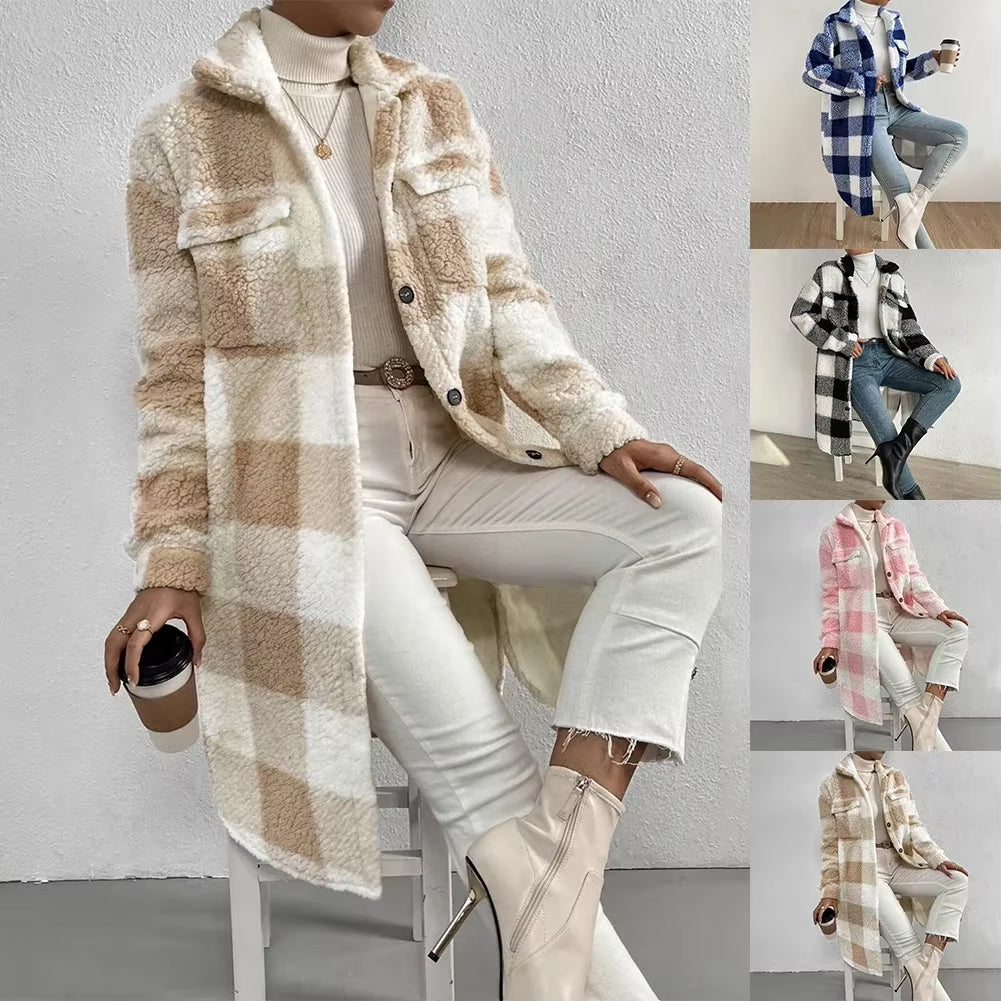 ✨ Chaqueta larga de invierno para mujer ✨ Diseño tipo shacket/cárdigan con estampado a cuadros tartán. Perfecta para mantenerte cálida y con estilo durante las fiestas y el invierno.