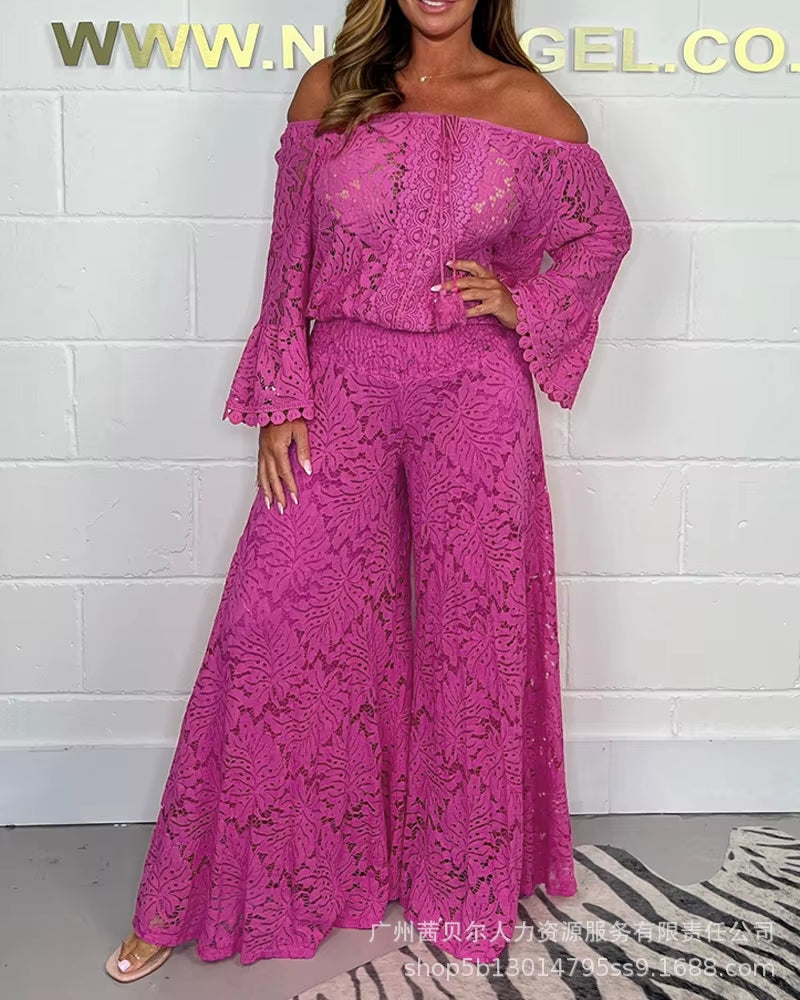✨ Conjunto de dos piezas para mujer ✨ Top de encaje floral, sexy, con hombros descubiertos y mangas acampanadas. Pantalón largo y de cintura alta, estilo Y2K elegante, perfecto para un look moderno y llamativo.