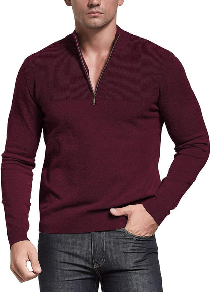Suéter tipo polo para hombre con cierre y cuello alto. Diseño slim fit de manga larga, estilo casual, con acabado acanalado en los bordes. Perfecto para un look moderno y elegante.