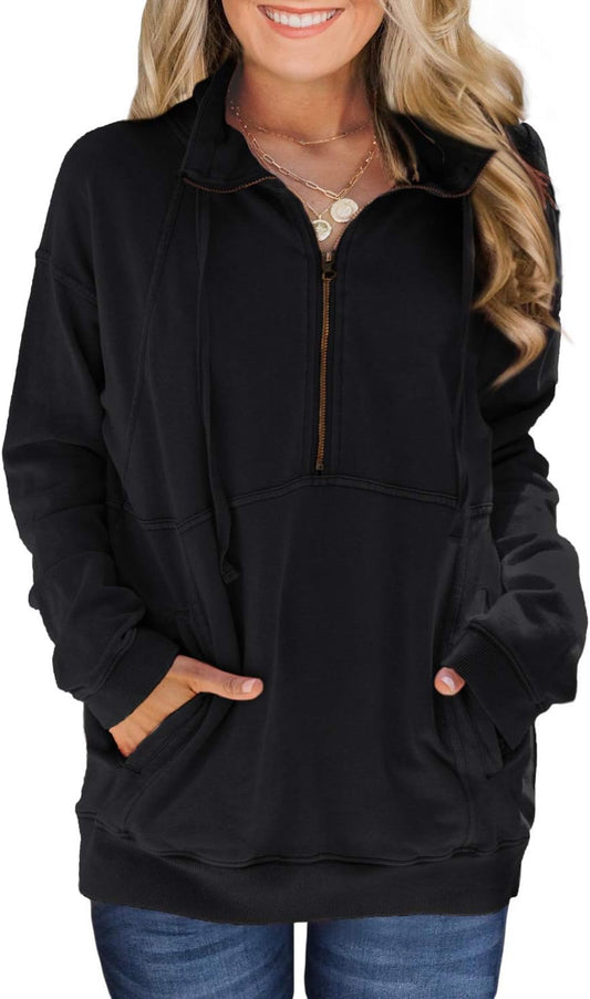 Sudadera casual para mujer con cierre, cuello solapa y manga larga. Estilo suelto con cordón. Color negro, talla M.
