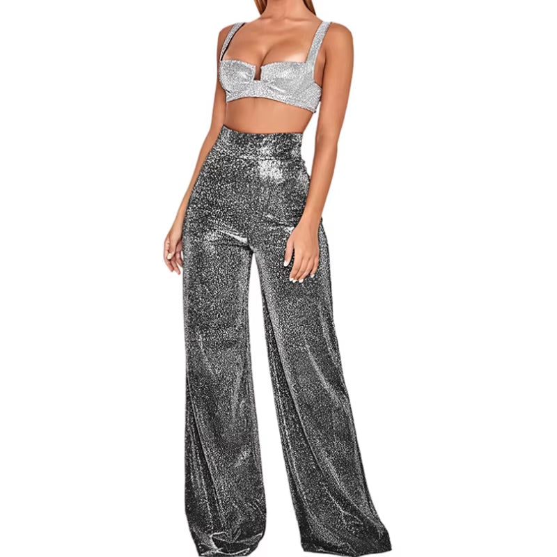 Pantalones anchos metalizados con brillo para mujer. Cintura alta elástica, estilo palazzo con lentejuelas, cómodos y sueltos. Perfectos para fiestas, eventos y looks de noche con mucho glamour.