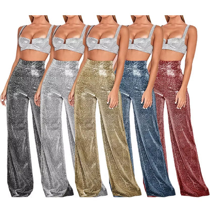 Pantalones anchos metalizados con brillo para mujer. Cintura alta elástica, estilo palazzo con lentejuelas, cómodos y sueltos. Perfectos para fiestas, eventos y looks de noche con mucho glamour.