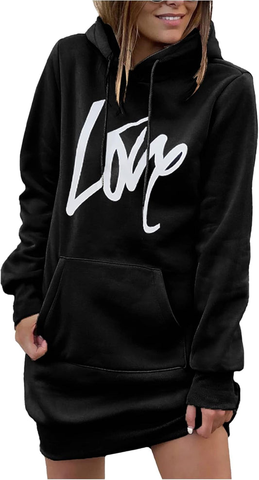 Vestido sudadera para mujer con capucha, ligero, manga larga y cordón. Moda otoño y estilo casual cómodo.