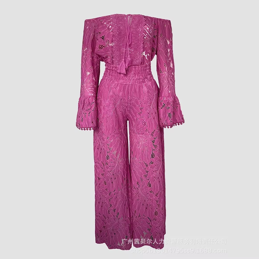 ✨ Conjunto de dos piezas para mujer ✨ Top de encaje floral, sexy, con hombros descubiertos y mangas acampanadas. Pantalón largo y de cintura alta, estilo Y2K elegante, perfecto para un look moderno y llamativo.