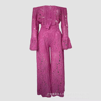 ✨ Conjunto de dos piezas para mujer ✨ Top de encaje floral, sexy, con hombros descubiertos y mangas acampanadas. Pantalón largo y de cintura alta, estilo Y2K elegante, perfecto para un look moderno y llamativo.