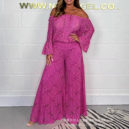 ✨ Conjunto de dos piezas para mujer ✨ Top de encaje floral, sexy, con hombros descubiertos y mangas acampanadas. Pantalón largo y de cintura alta, estilo Y2K elegante, perfecto para un look moderno y llamativo.