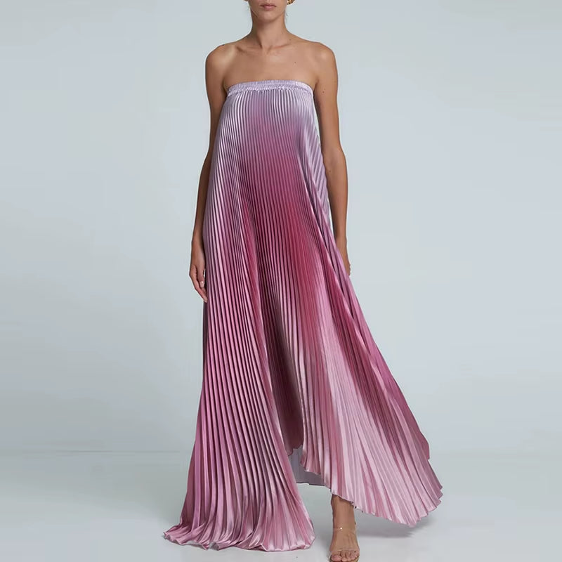 ✨ Vestido largo elegante para mujer ✨ Diseño sin mangas y con hombros descubiertos, efecto degradado y corte irregular. Con espalda descubierta y pliegues sofisticados, es perfecto para galas, eventos y noches especiales.