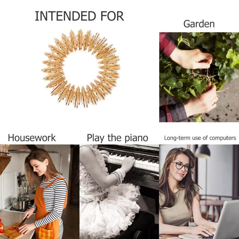 Anillo masajeador de acero para dedos: alivia dolor, reduce estrés y estimula la circulación. Compacto y fácil de usar.