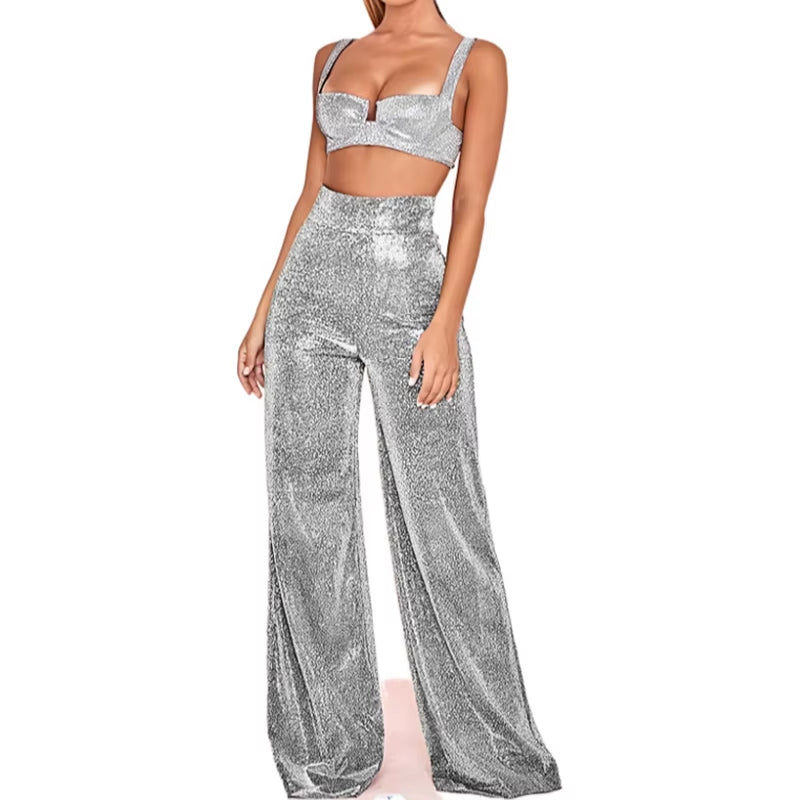 Pantalones anchos metalizados con brillo para mujer. Cintura alta elástica, estilo palazzo con lentejuelas, cómodos y sueltos. Perfectos para fiestas, eventos y looks de noche con mucho glamour.