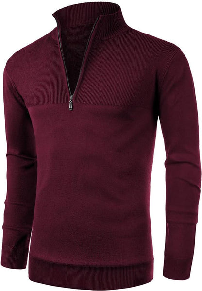 Suéter tipo polo para hombre con cierre y cuello alto. Diseño slim fit de manga larga, estilo casual, con acabado acanalado en los bordes. Perfecto para un look moderno y elegante.