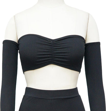 Conjunto sexy de 2 piezas: crop top sin hombros y pantalón suelto en negro. Elegante, cómodo y perfecto para lucir increíble.