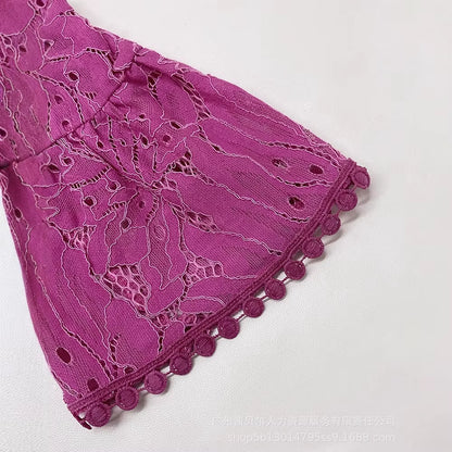 ✨ Conjunto de dos piezas para mujer ✨ Top de encaje floral, sexy, con hombros descubiertos y mangas acampanadas. Pantalón largo y de cintura alta, estilo Y2K elegante, perfecto para un look moderno y llamativo.