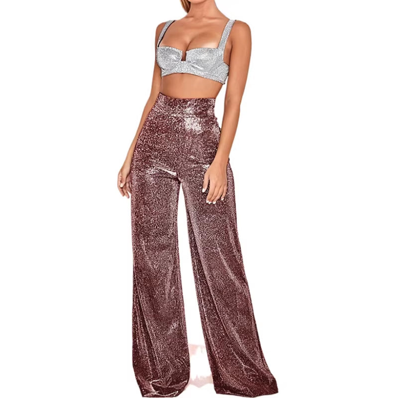 Pantalones anchos metalizados con brillo para mujer. Cintura alta elástica, estilo palazzo con lentejuelas, cómodos y sueltos. Perfectos para fiestas, eventos y looks de noche con mucho glamour.