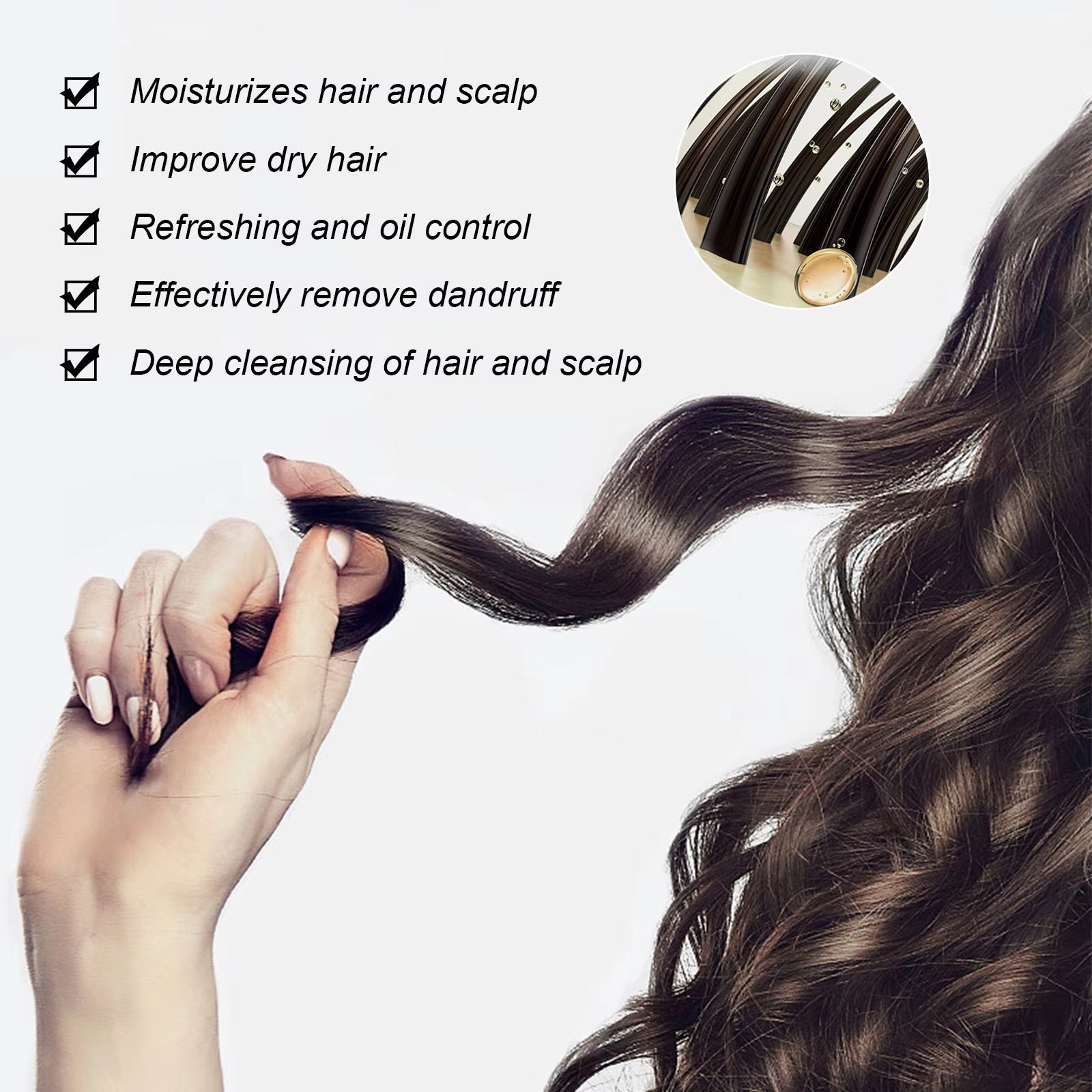 Shampoo limpiador del cuero cabelludo anticaída, alivia la picazón, elimina la caspa, controla la grasa y repara para favorecer el crecimiento del cabello.