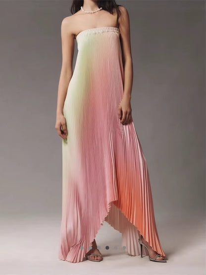 ✨ Vestido largo elegante para mujer ✨ Diseño sin mangas y con hombros descubiertos, efecto degradado y corte irregular. Con espalda descubierta y pliegues sofisticados, es perfecto para galas, eventos y noches especiales.