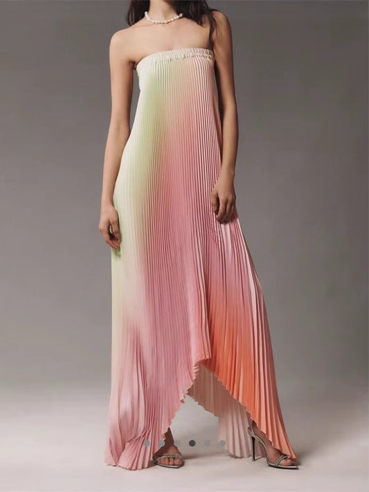 ✨ Vestido largo elegante para mujer ✨ Diseño sin mangas y con hombros descubiertos, efecto degradado y corte irregular. Con espalda descubierta y pliegues sofisticados, es perfecto para galas, eventos y noches especiales.