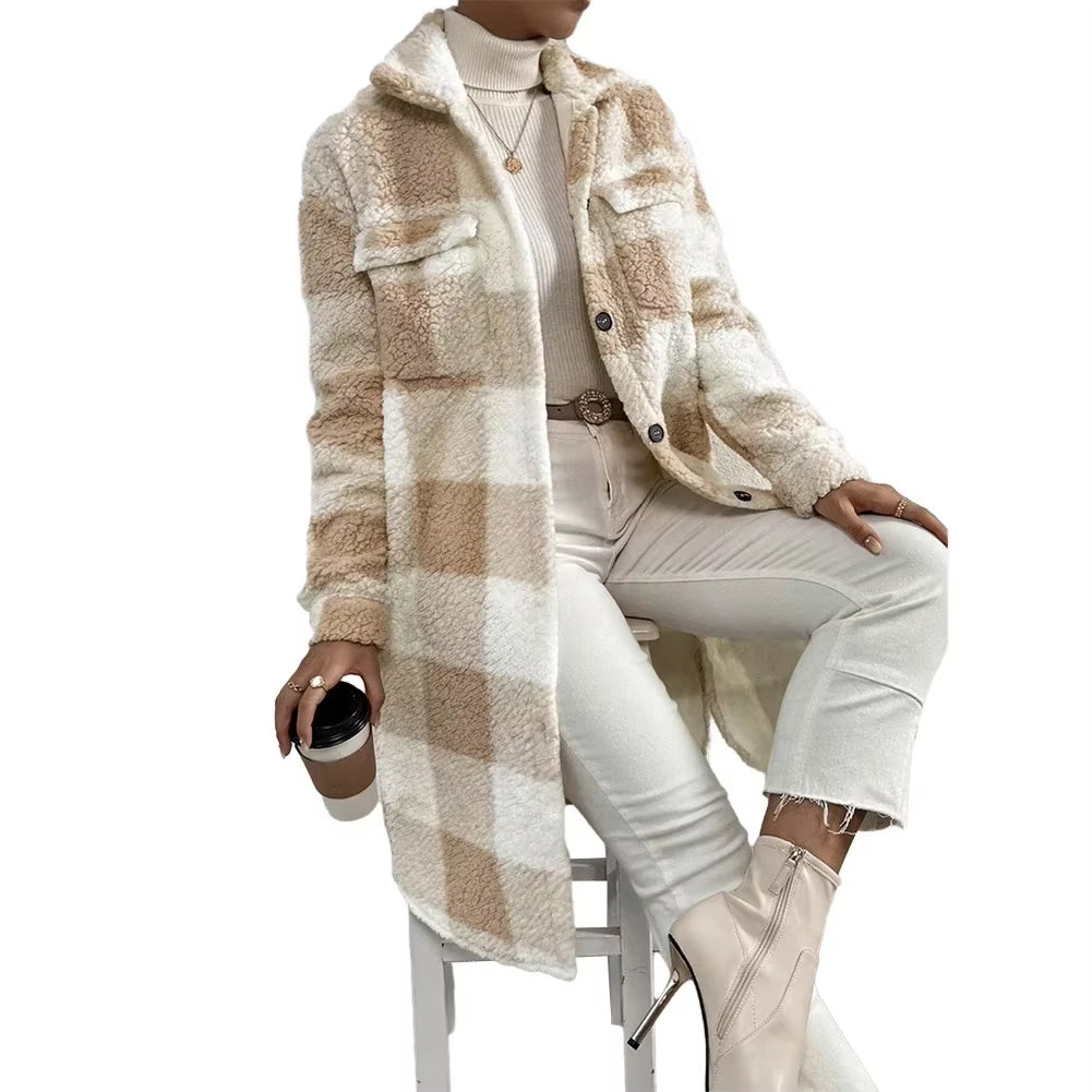 ✨ Chaqueta larga de invierno para mujer ✨ Diseño tipo shacket/cárdigan con estampado a cuadros tartán. Perfecta para mantenerte cálida y con estilo durante las fiestas y el invierno.