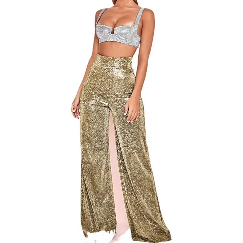 Pantalones anchos metalizados con brillo para mujer. Cintura alta elástica, estilo palazzo con lentejuelas, cómodos y sueltos. Perfectos para fiestas, eventos y looks de noche con mucho glamour.
