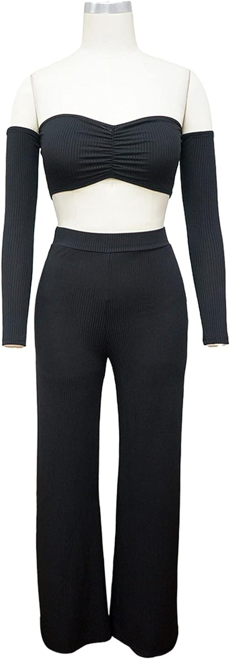 Conjunto sexy de 2 piezas: crop top sin hombros y pantalón suelto en negro. Elegante, cómodo y perfecto para lucir increíble.