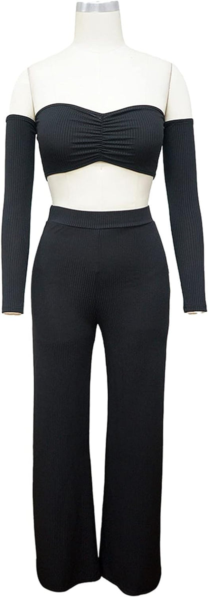 Conjunto sexy de 2 piezas: crop top sin hombros y pantalón suelto en negro. Elegante, cómodo y perfecto para lucir increíble.