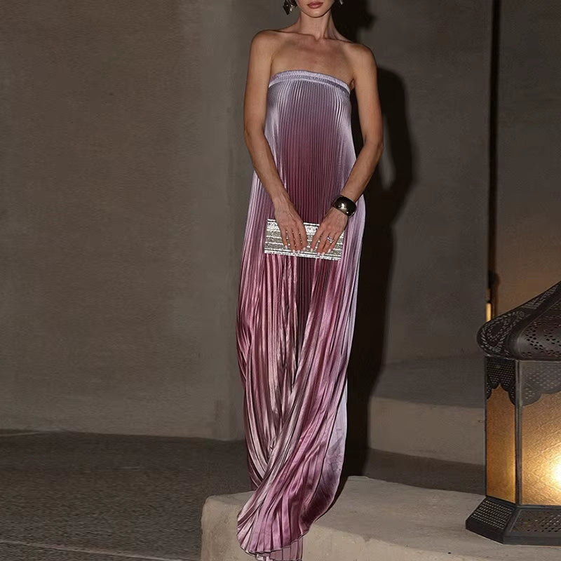 ✨ Vestido largo elegante para mujer ✨ Diseño sin mangas y con hombros descubiertos, efecto degradado y corte irregular. Con espalda descubierta y pliegues sofisticados, es perfecto para galas, eventos y noches especiales.