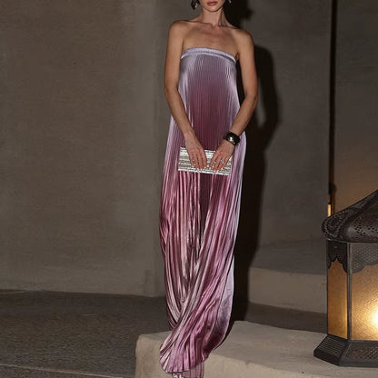 ✨ Vestido largo elegante para mujer ✨ Diseño sin mangas y con hombros descubiertos, efecto degradado y corte irregular. Con espalda descubierta y pliegues sofisticados, es perfecto para galas, eventos y noches especiales.